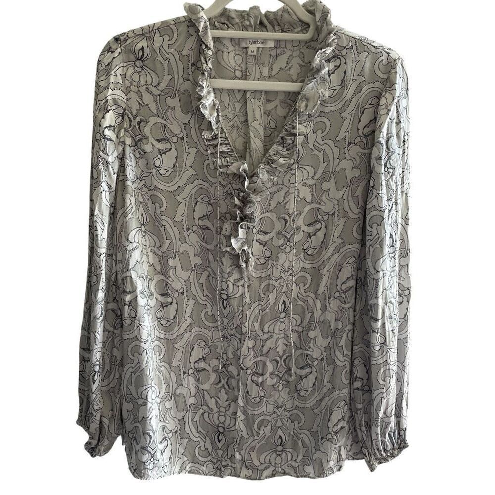 Tyler Boe 100% Silk Paisley Blouse Top Women’s Sz Medium Long Sleeve Gray Black